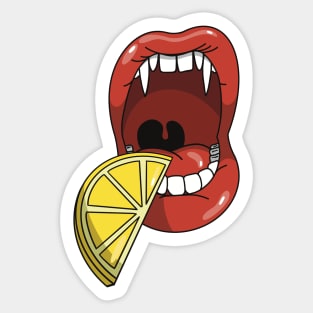 Mouth with vampire teeth about to take a bite into a slice of a sour lemon Sticker